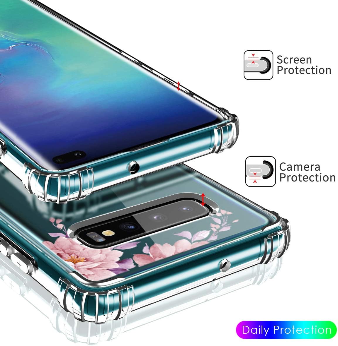 Hocase Galaxy S10 Plus Case, Clear Hard Plastic Back Cover+Shockproof TPU Rubber Bumper Corners Hybrid Slim Protective Case for Samsung Galaxy S10 Plus (SM-G975U) 6.4" Display 2019 - Rose Gold Flowers