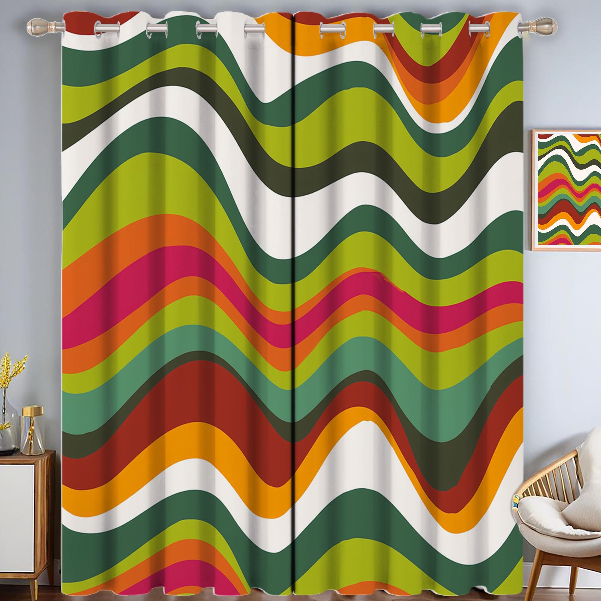 Rideaux Occultants Isolants Thermiques Lot de 2 Motif Vague 140x175cm Vert Orange