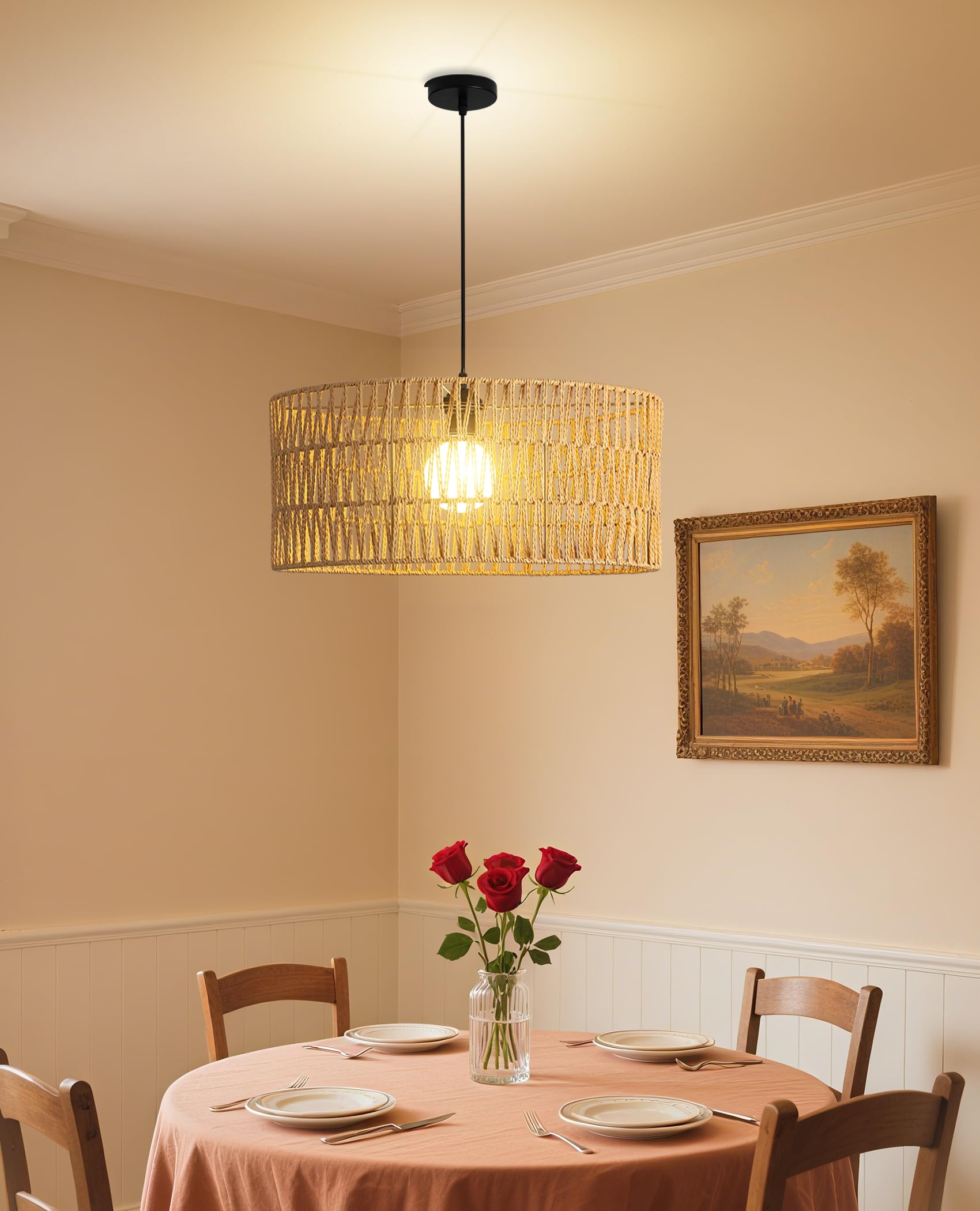 JAYNLT Lampada Sospensione in Rattan Ø50 cm, Stile Boho Vintage, Paralume Intrecciato a Mano, Attacco E27 per Cucina, Soggiorno, Camera da Letto, Corridoio, Sala da Pranzo