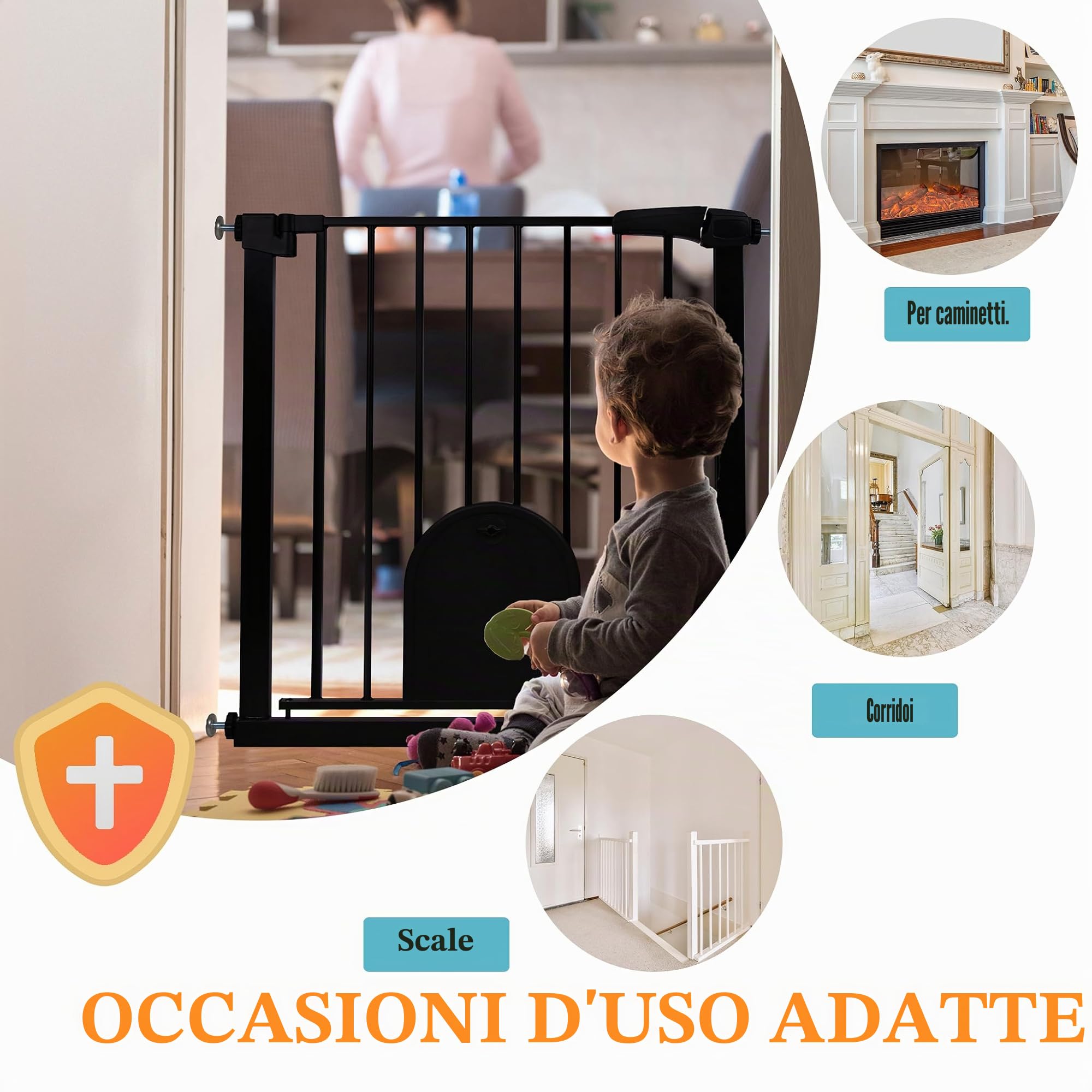 Aufun cancelletto per scale, cancelletto di sicurezza per bambini senza foratura, per 105-115 cm chiusura automatica, cancello in metallo, cancelletto di sicurezza per cani con gattaiola (nero)