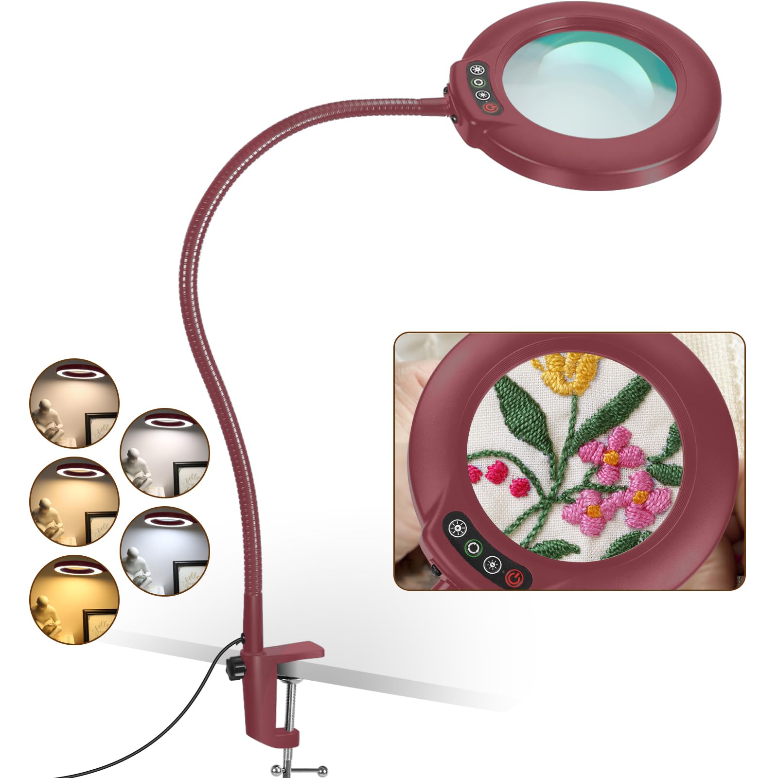 Veemagni 12X Lupe mit Licht und Klemme, Echtes Glas Lupenlampe, 5 Farbmodi Stufenlos Dimmbare, 23 Zoll Flexibler Schwanenhals Ständer Tischlupe mit Beleuchtung, LED Lupenleuchte für Lesen Hobby Rot