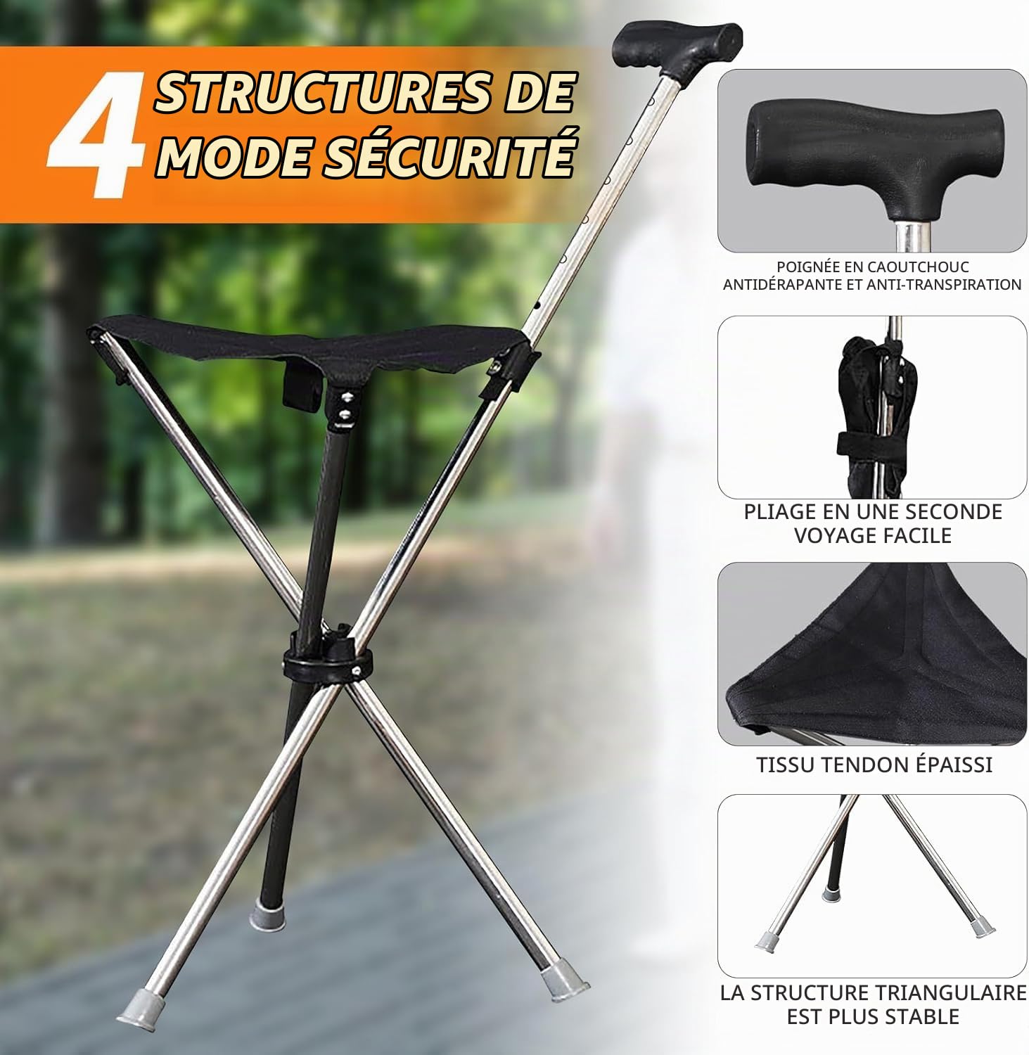 Walking Stick with Seat, 2 in 1 Foldable Walking Cane with Seat, Adjustable Height Walking Stick Chair with Non-Slip Handle for Travel Hiking, Seniors & Adults