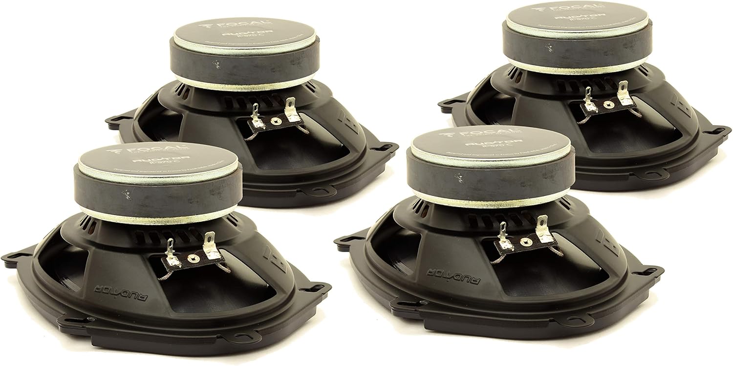 Rear view of four Focal R-570C speakers, showing the magnet structure and wiring terminals.