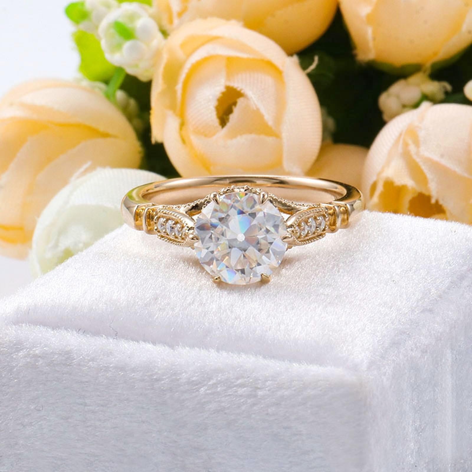 Moissanite D Color VVS1 pierścionek damski, żółte złoto, pierścionek zaręczynowy, prawdziwe złoto, 375/585/750, soliter, elegancki, pierścionek ślubny, 9K/14K/18K złoty z grawerunkiem dla kobiet
