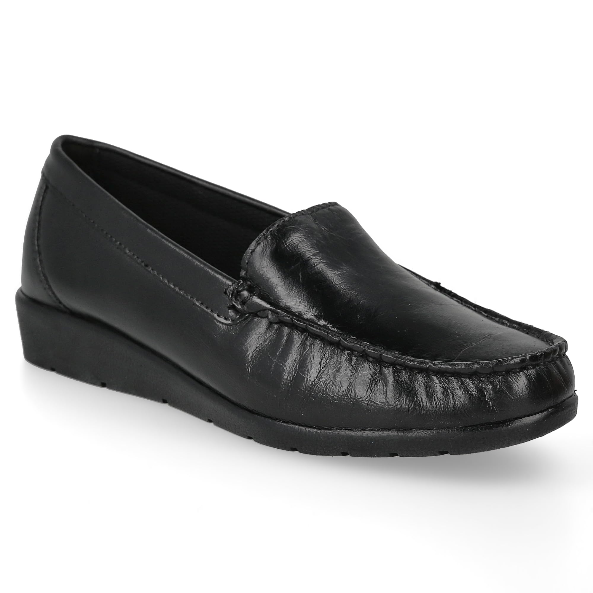 Mocassin en Cuir pour Femme Âgée, Confortable. Mocassin Kiowa Décontracté Cousu À La Main. Très Flexible. Semelle en Caoutchouc. Chaussure De Marche. Couleur Noir et Or.