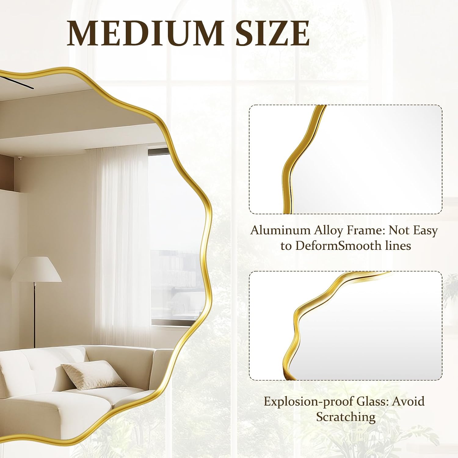 Round Wavy Mirror 36 Inch Bathroom Vanity Mirror Metal Frame Circle Wall Mounted Mirror for Bedroom Living Room Entryway Gold