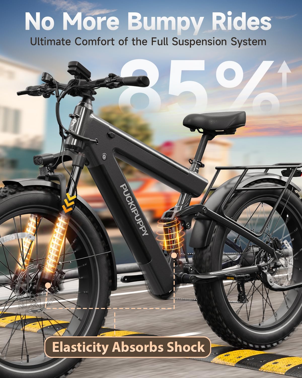 ຫລັງ view of the PUCKIPUPPY Bulldog Pro Electric Bike showing the rear rack and suspension system