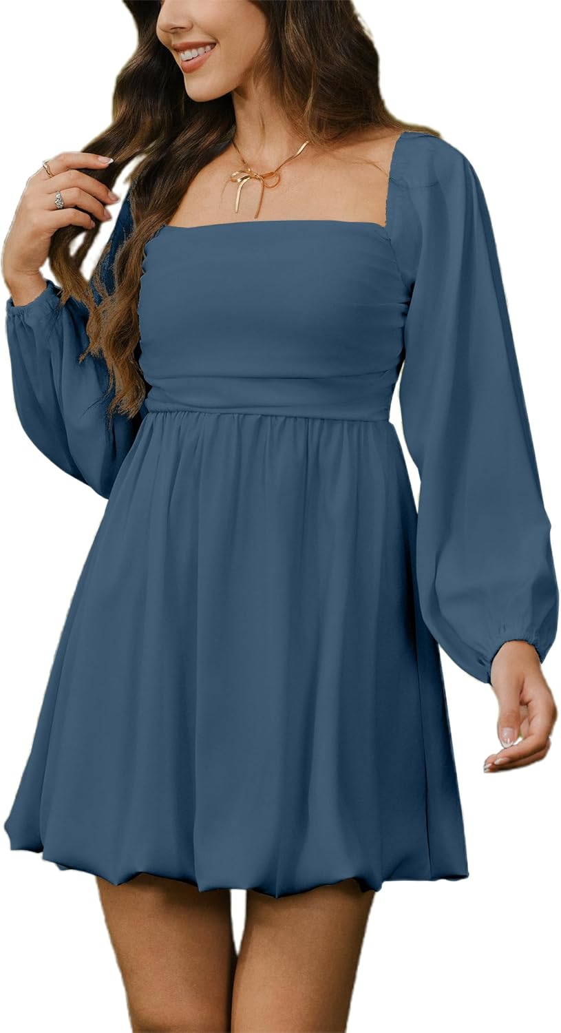 HYPERFIRE Women's Square Neck Long Sleeve Bubble Mini Dress Pleated Smocked A Line Wedding Dresses