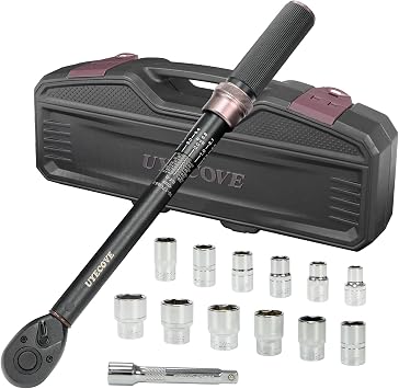 14Pcs 1/2-Inch Drive Click Torque Wrench Set 10-170 ft.lb/13.6-230.5 Nm, Dual-Direction Adjustable 72-Tooth Torque Wrench for Moto and Car Maintenance