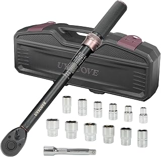 14Pcs 1/2-Inch Drive Click Torque Wrench Set 10-170 ft.lb/13.6-230.5 Nm, Dual-Direction Adjustable 72-Tooth Torque Wrench for Moto and Car Maintenance