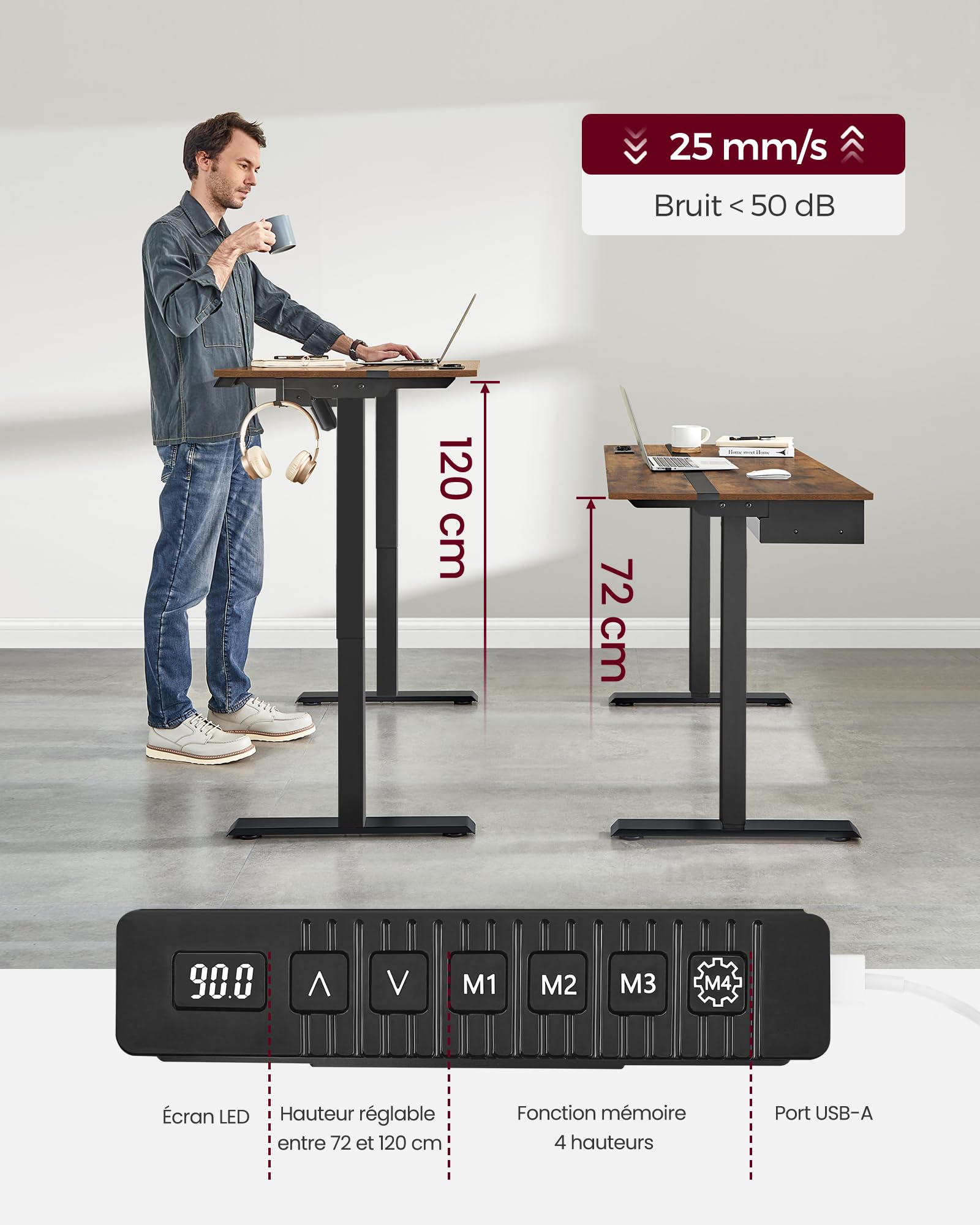VASAGLE In Hoogte Verstelbaar Bureau, 140 X 80 Cm, USB C Aansluiting Plank Voor Stekkerdoos Statafel Herinnering Bij Lang Zitten 3 Geheugentoetsen Kantoor Vintage Bruin Lsd144kd02 3250147306