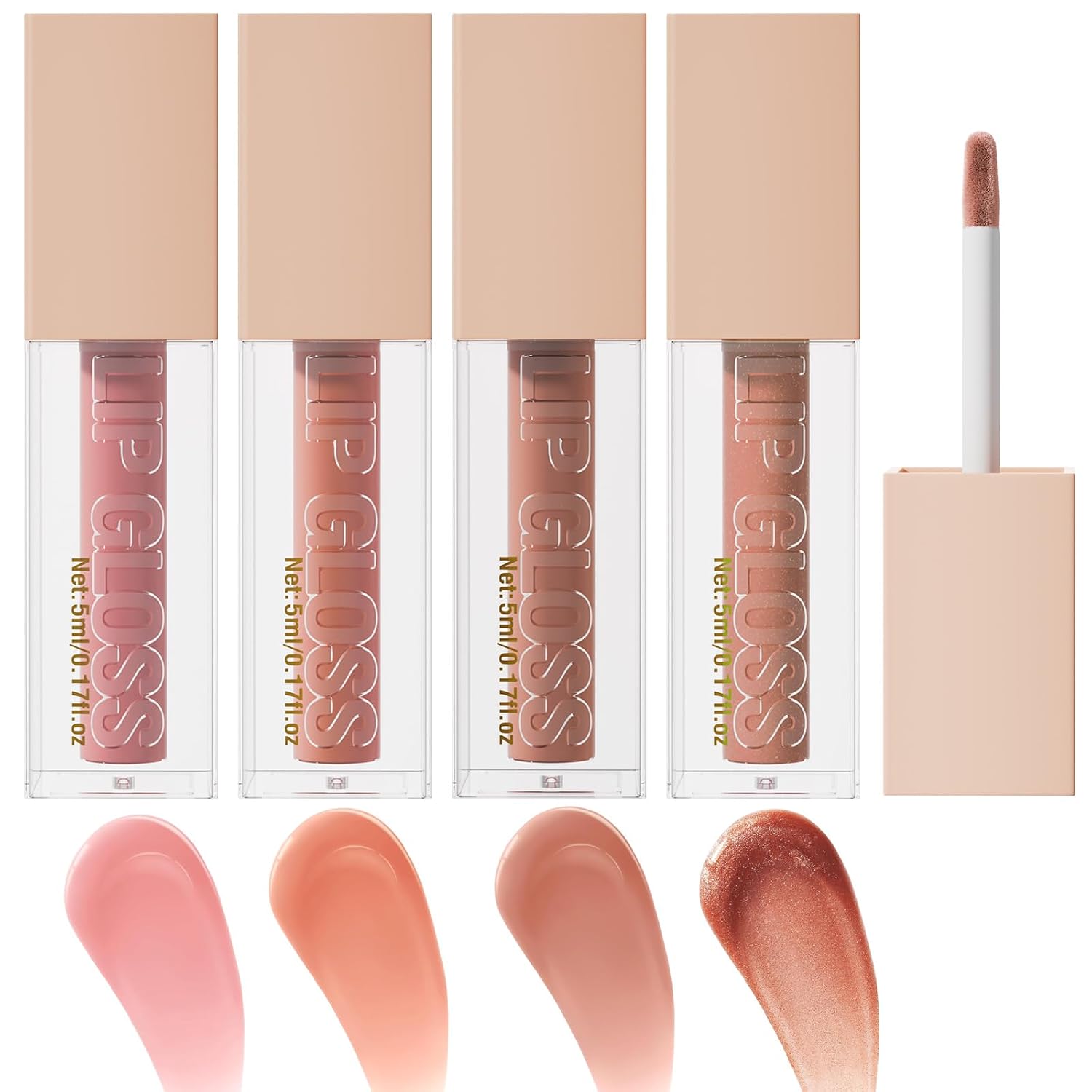 4 Pcs Hydrating Lip Gloss, REEF/AMBER/STONE/TOPAZ High Moisturizing Oil Tint with Hyaluronic Acid, High Shine for Plumper Looking Lips (#B)