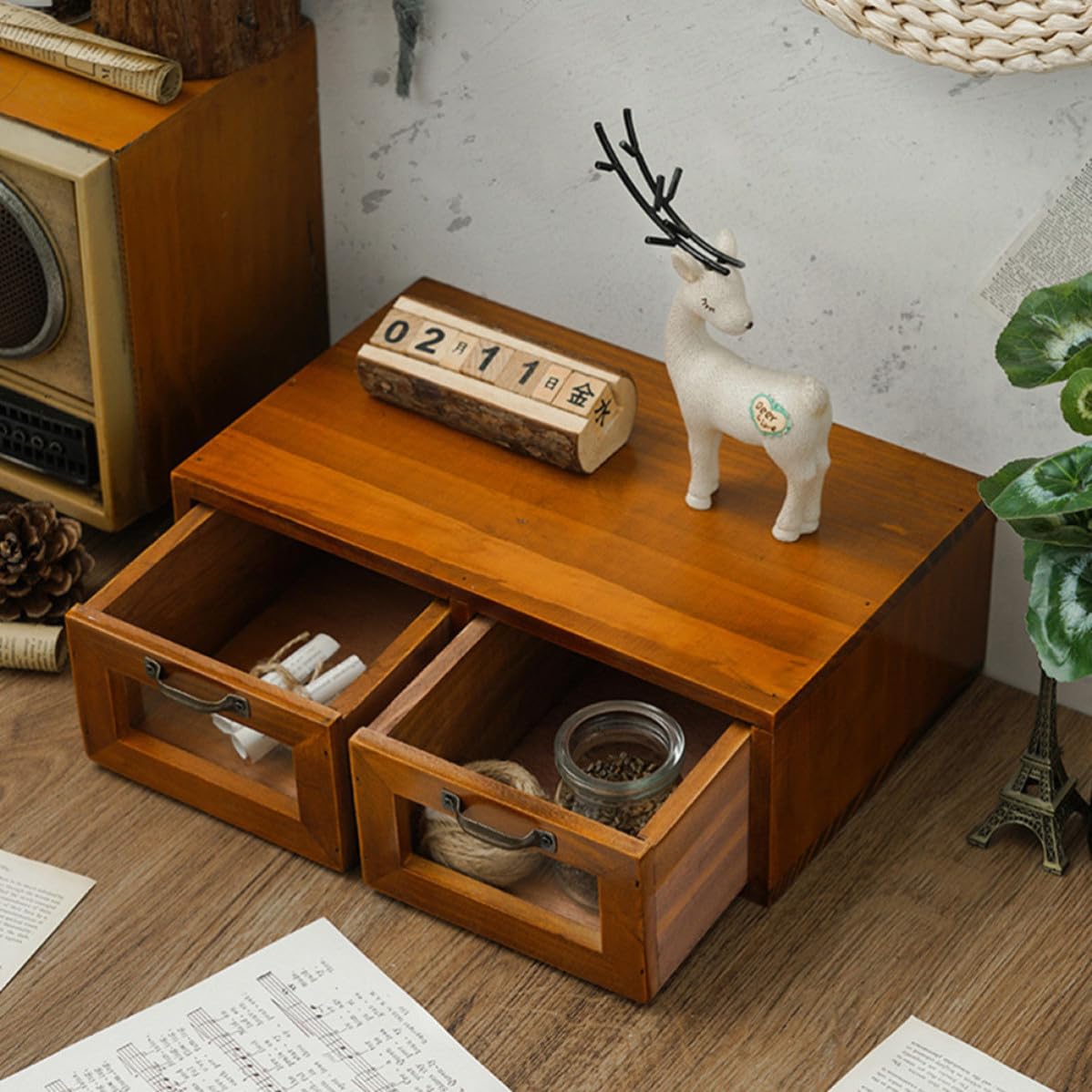 WOONEKY Supporto per Monitor Cassetto in Legno Vintage da Scrivania
