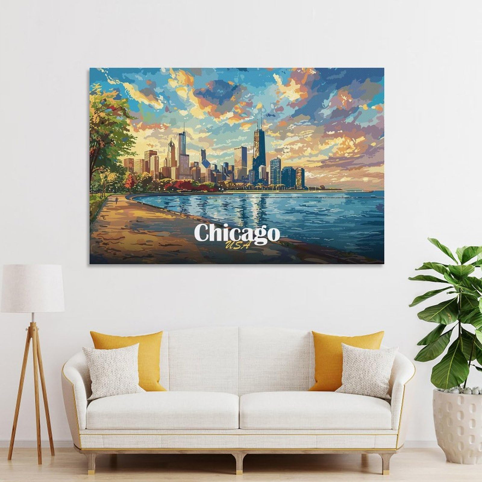 Junmoney Canvas Wall Decor Chicago Skyline Painting, 16x24inch(40x60cm), for Bedroom, Guest Room Or Reading Nook, Decorative Wall Art for Cosy Rooms