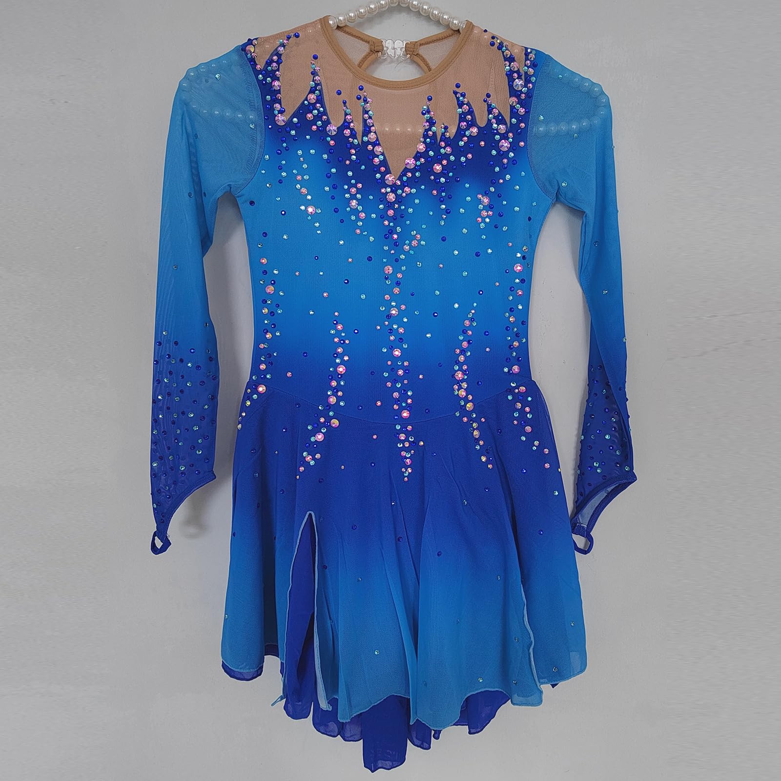 LIUHUO Eiskunstlaufkleid mit Langen Ärmeln, Netz-Rock, für Mädchen, Wettkampf-Performance, Blau