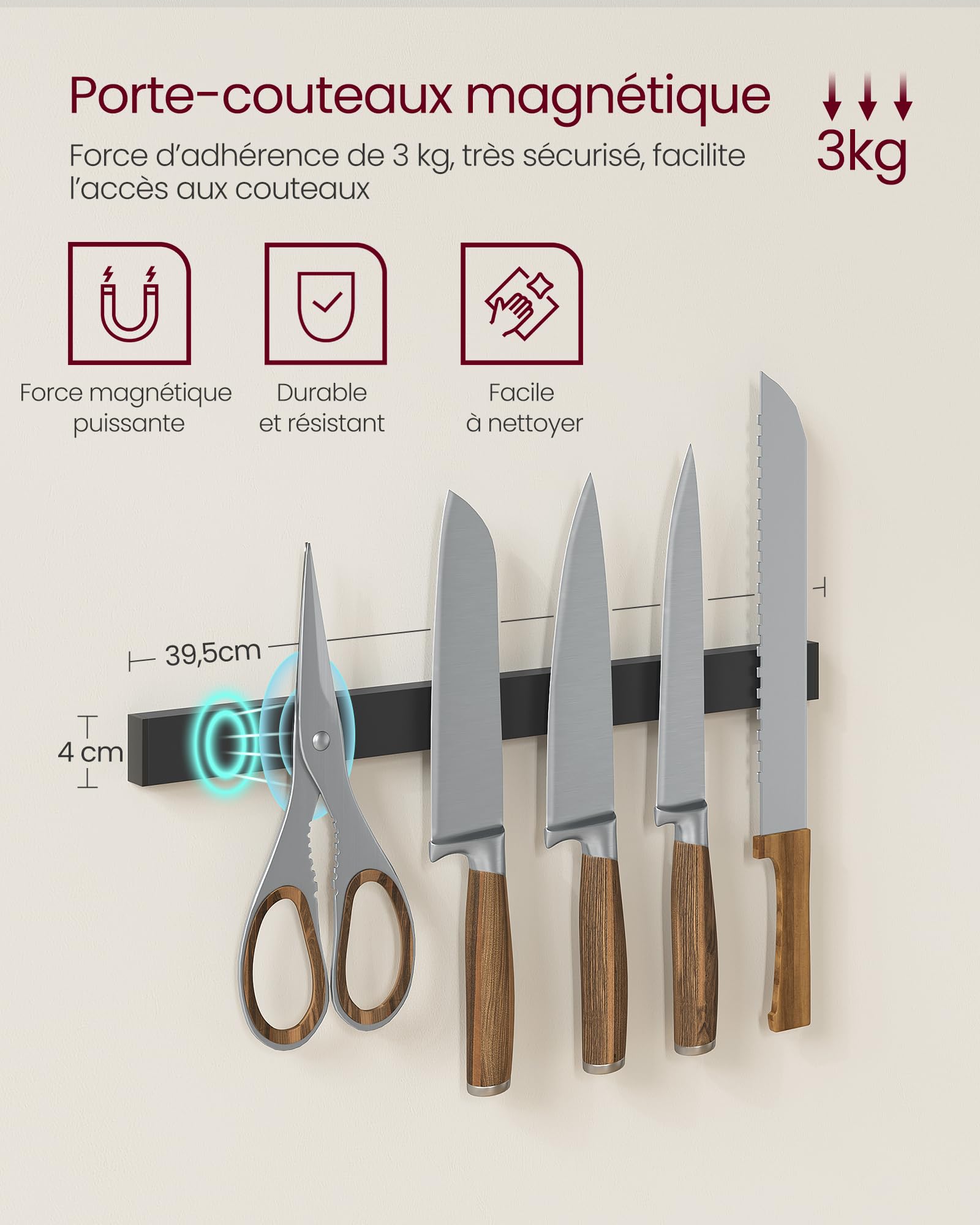 VASAGLE Étagère de Cuisine, Meuble de Rangement, Îlot de Cuisine avec Support Magnétique pour Couteaux, Panier Métallique, Support pour Essuie-Tout, 12 Crochets, Marron Rustique et Noir KKS026B01