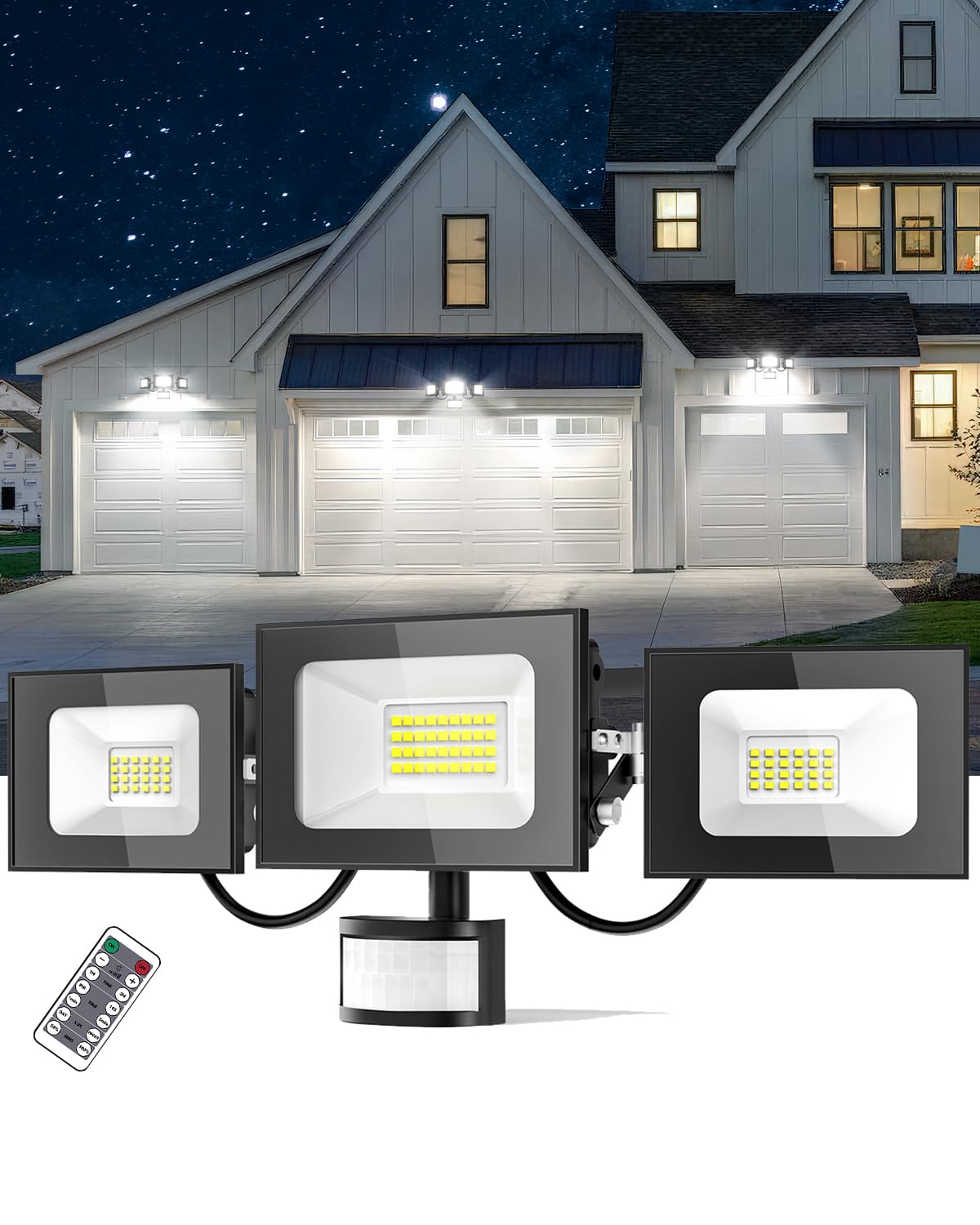 100W Faretto Led da Esterno, 10000LM 6500K Bianca Fredda Faro con Sensore di Movimento, IP65 Impermeabile 3 Moda Luci di sicurezza Proiettore a tre teste per Interno,Giardino,Garage,Cortile