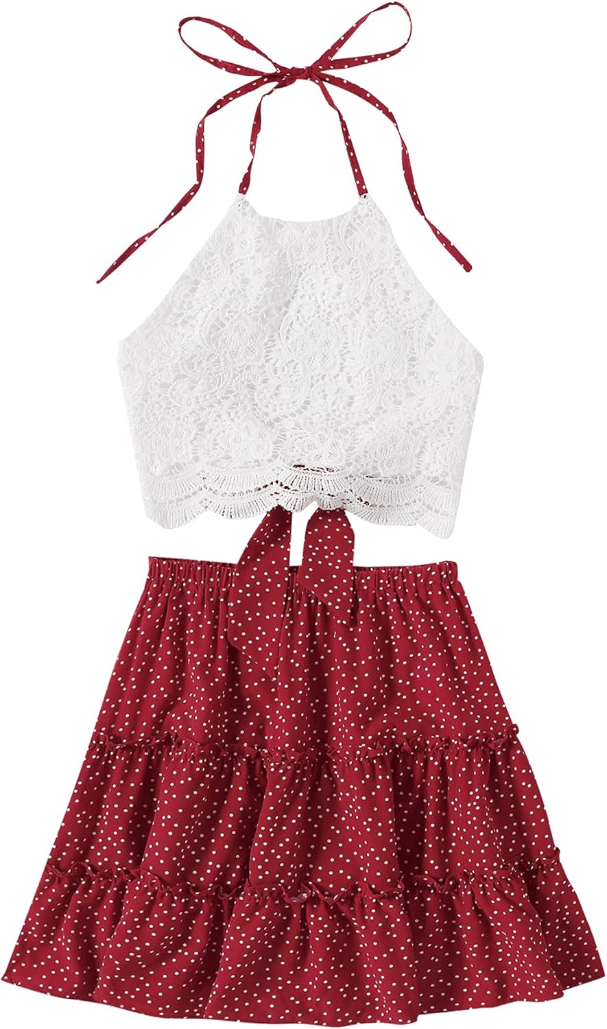 LYANER Women's 2 Piece Sets Summer Lace Halter Cami Crop Top and Mini Skirt Set Vacation Beach Outfits