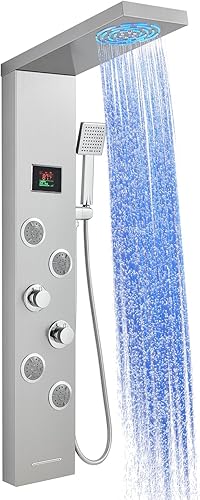 Sistema de panel de ducha con luces LED, ducha de niebla de lluvia, chorros corporales, boquilla de mano y bañera, columna de torre de ducha con