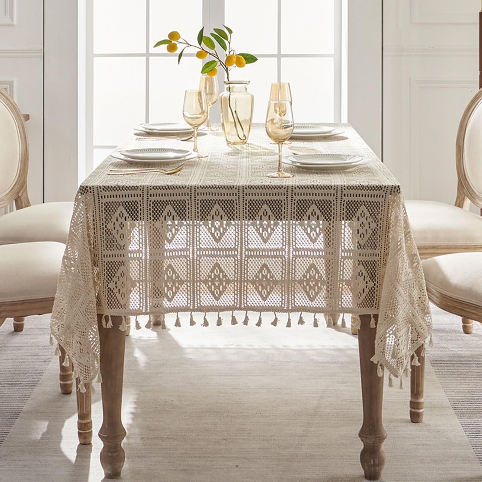 Mantel Cocina Antimanchas, 140 x 200 cm, Beige Blanco, Rectangular, Mantel Poliéster Hueco con Borlas