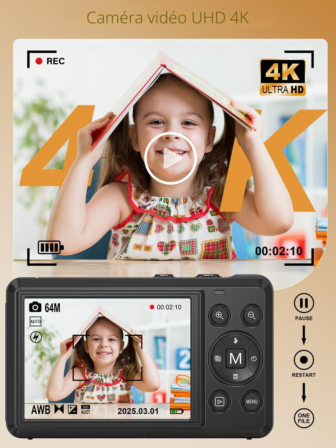 Appareil Photo Numérique Compact 4K UHD 64 MP avec Autofocus, Zoom Numérique 16X, Écran 2, 8', Carte Micro SD et Batterie Rechargeable Incluses, Webcam pour Vlogging, Débutants et Adolescents