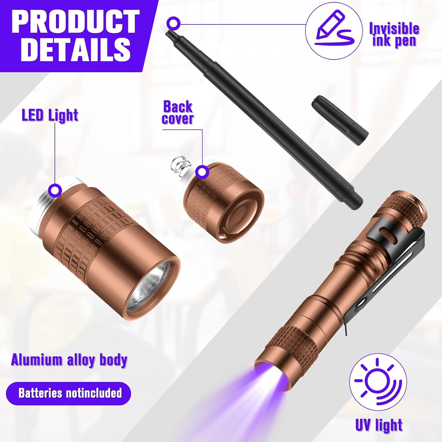 Tegeme 8 Pcs Black Light Flashlight Invisible Ink Pen, Bronze and Black image 2
