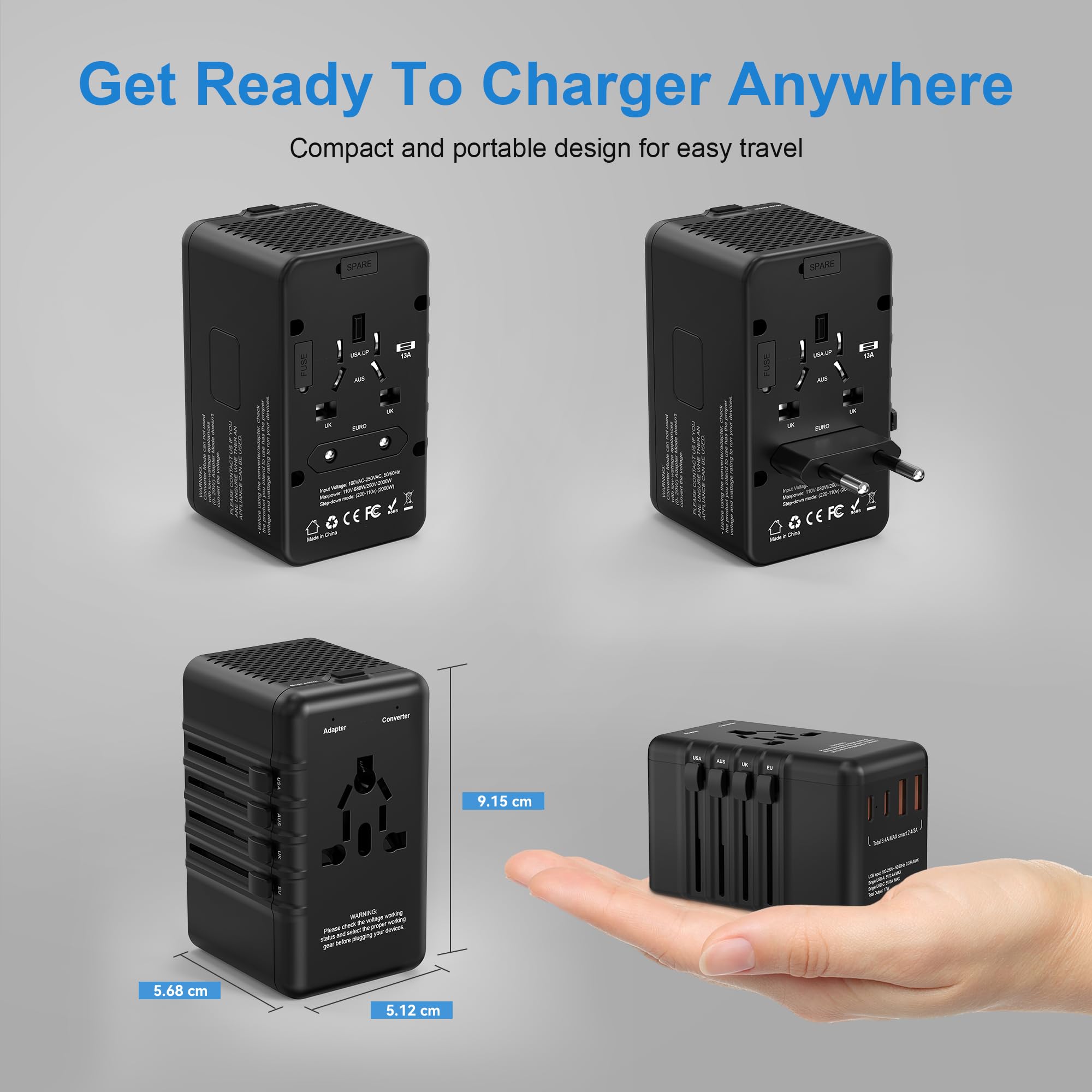 Adaptador convertidor de voltaje de 220 V a 110 V: transformador de enchufe de regleta de viaje internacional de Estados Unidos a Europa