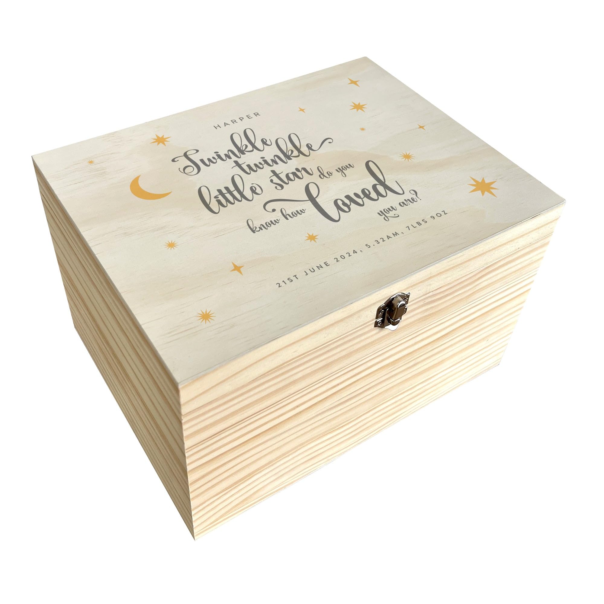 Personalised Pine Keepsake Box | Treasured Memories Gift Box for Newborns | Personalised Name and Date | Metal Hinges & Clasp | W36cm x D26.9cm x H20cm