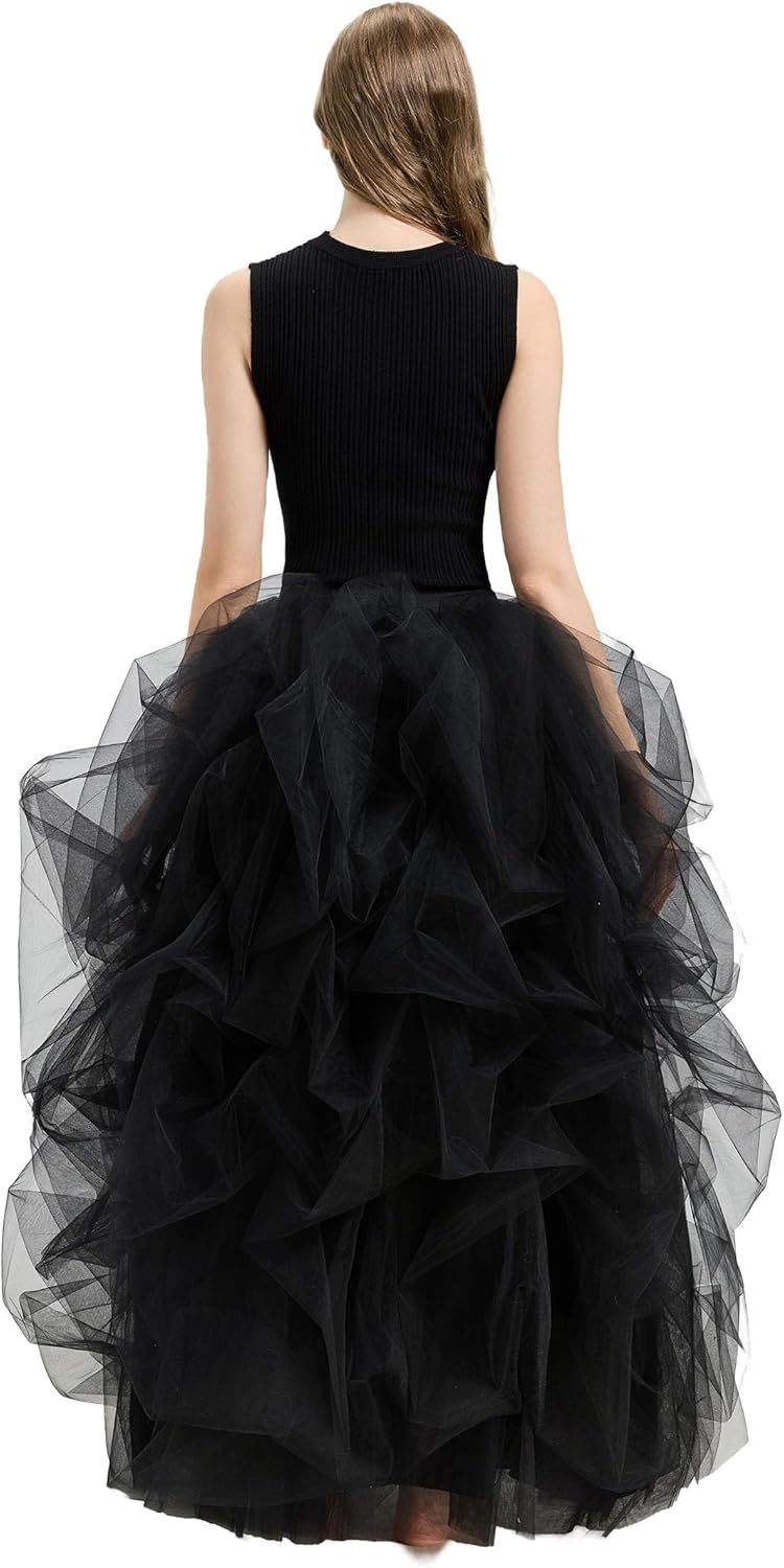 Women's Black Long Tulle Maxi Skirt with Slit Super Fluffy Bustle Tutu for Prom Ball Party Night Out YSK508