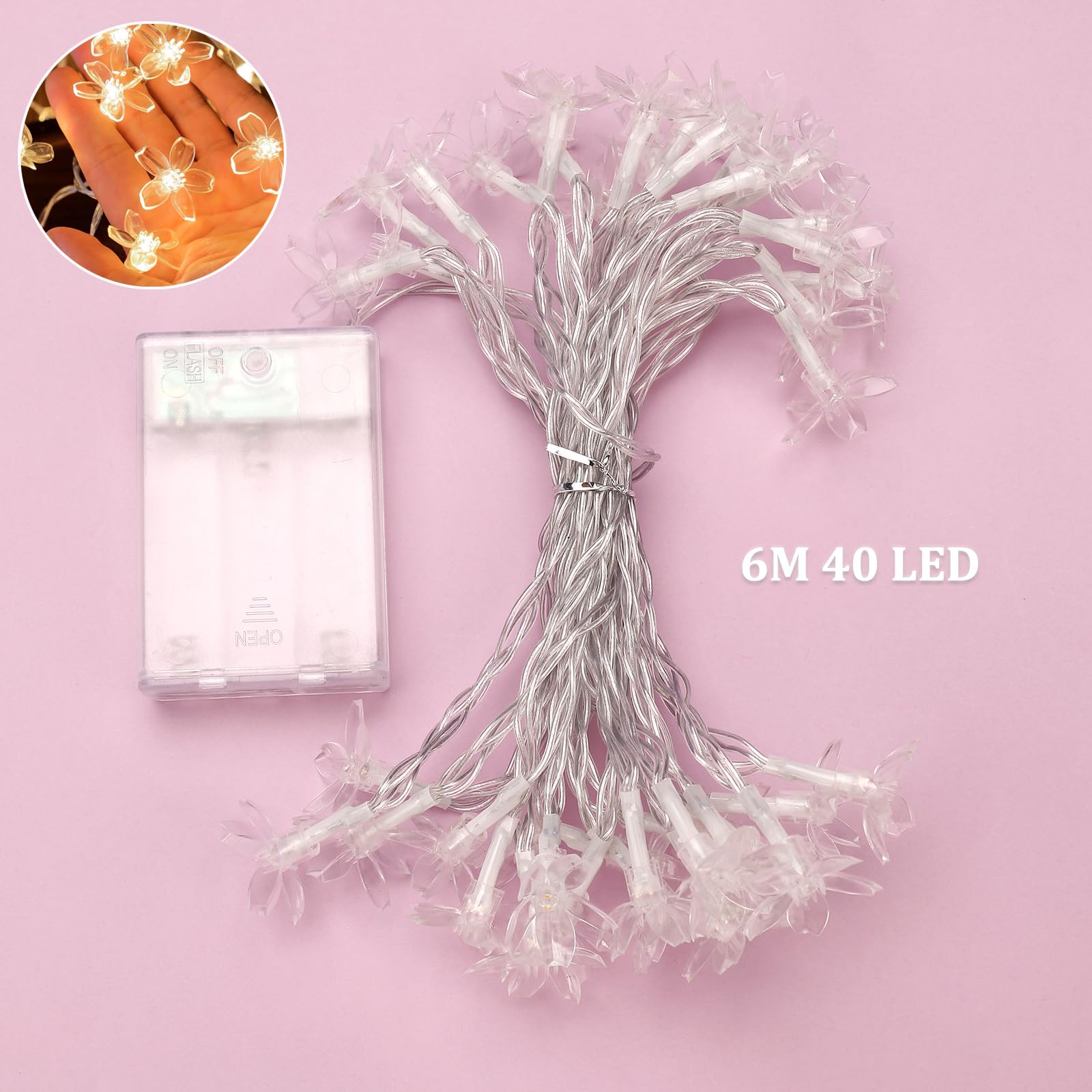 ENLACE Łańcuch świetlny z kwiatami wiśni, 6 m, 40 diod LED, ciepła biel, łańcuch świetlny z kwiatami na baterie, 2 tryby świecenia i światła ciągłego, łańcuch świetlny z kwiatami do ogrodu, na wesele