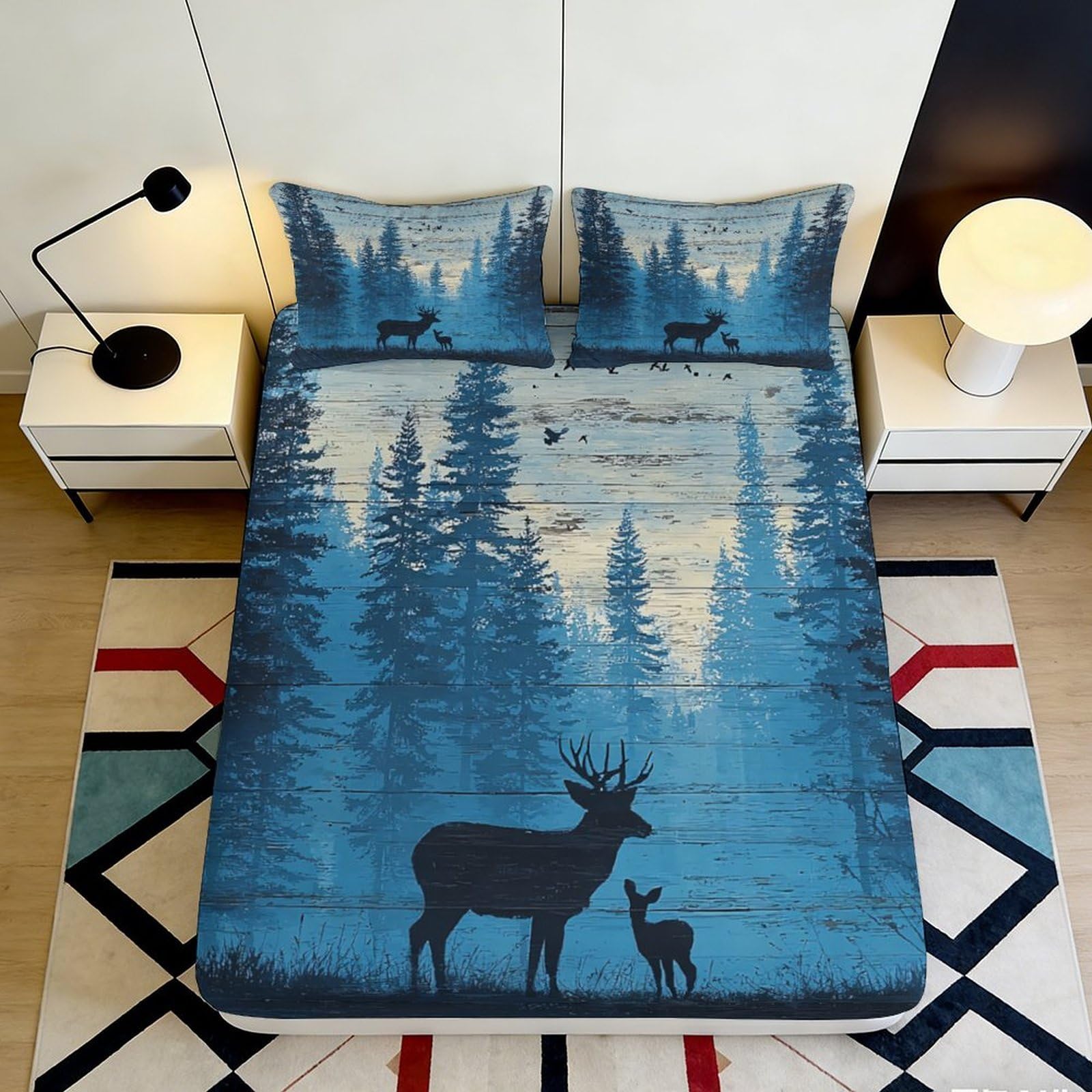 3D Printed Forest Deer Fitted Sheet Microfiber Soft Breathable Woodland Mattress Cover for Bedroom Dormitory Guest Room Protection Decor 200x200x25cm