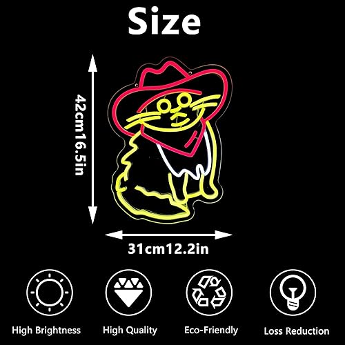 Miniatura 6 de Manimo Señales de neón LED con sombrero de vaquero rojo para decoración de pared, letreros de neón con luz de gato alimentado por USB para fiesta,