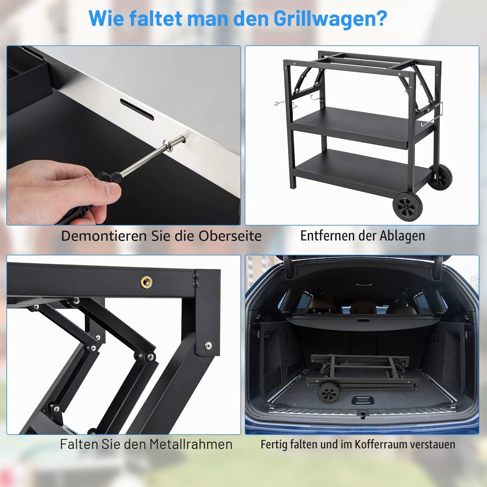 KOMFOTTEU Grillwagen klappbar, Grilltisch mit Edelstahl Arbeitsplatte, Outdoor Rollwagen mit 2 Rollen, Servierwagen Grill Trolley mit Verstellbarer Ablage, Handyhalterung & Handtuchhalter, Schwarz