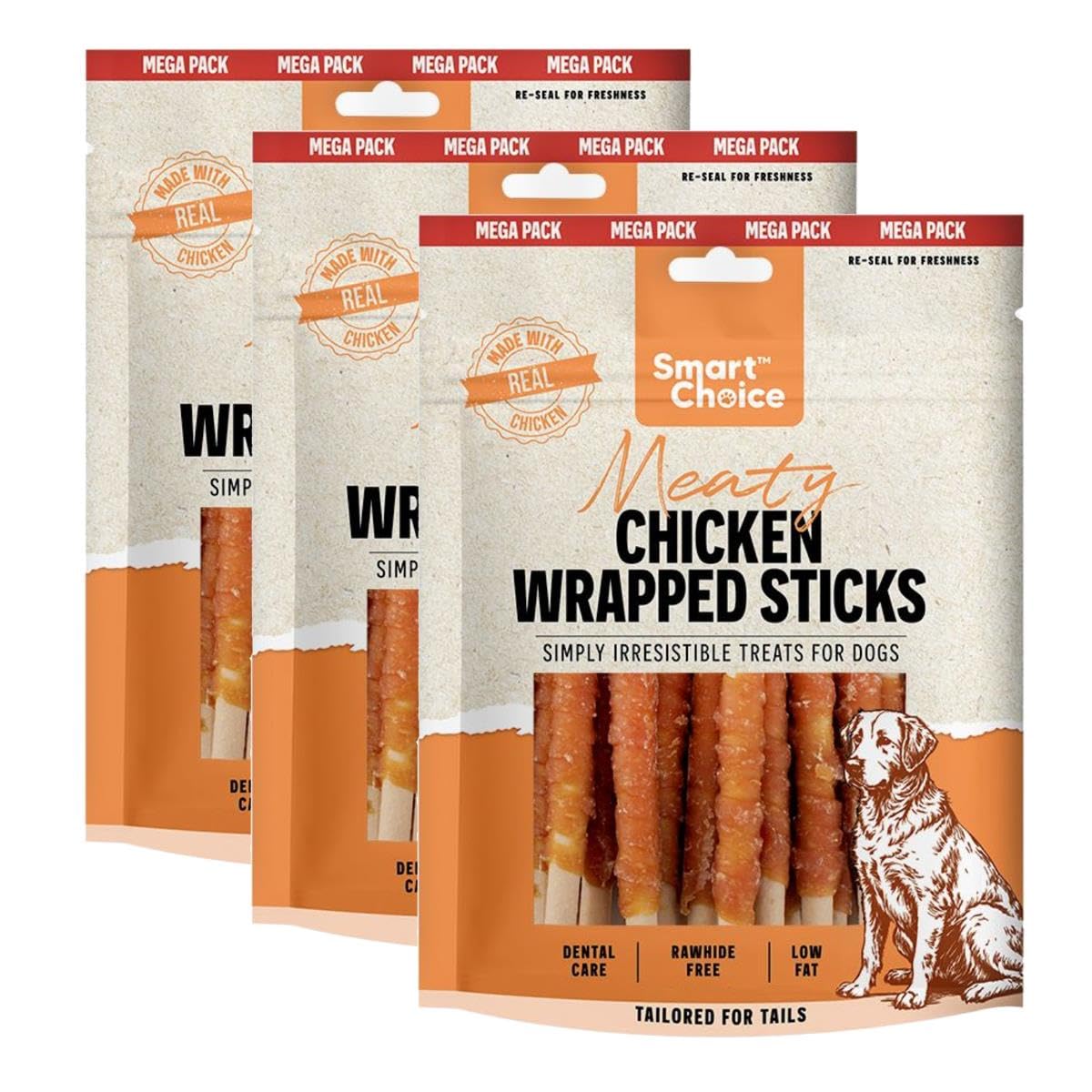 Set of 3 Chicken Wrapped Stick Dog Treats Made with Real Chicken, Low Fat Chewy Training Rewards with Dental Support, Easy Digest Snacks in Resealable 250g Pouch for Dogs - Mega Pack