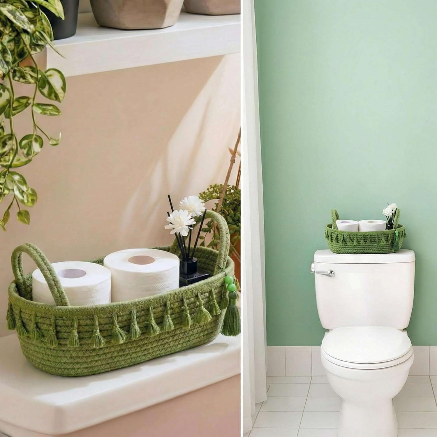 Green Toilet Paper Basket Bathroom Decorative Boho Cotton Rope