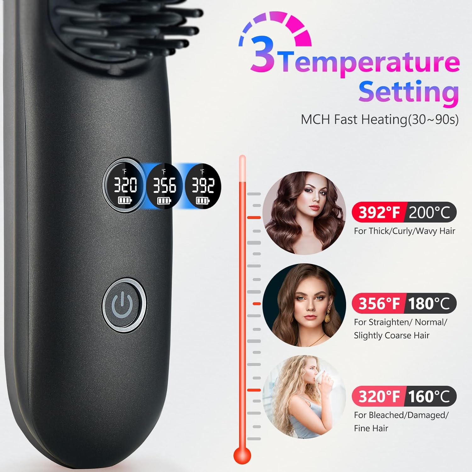 LCD Screen Cordless Hair Straightener Curler 2 in 1, Portable Mini Hair Straightening Brush for Travel Negative Ionic Fast Heating Hot Comb for Women, Folding Brush with Mirror, Black - Image 9
