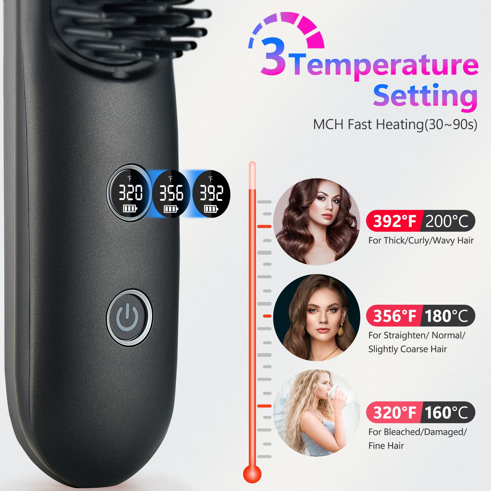 Rizador de pelo inalámbrico con pantalla LCD 2 en 1, mini cepillo portátil para alisar el cabello para viajes, iónico negativo, calentamiento rápido, peine caliente para mujeres, cepillo 9