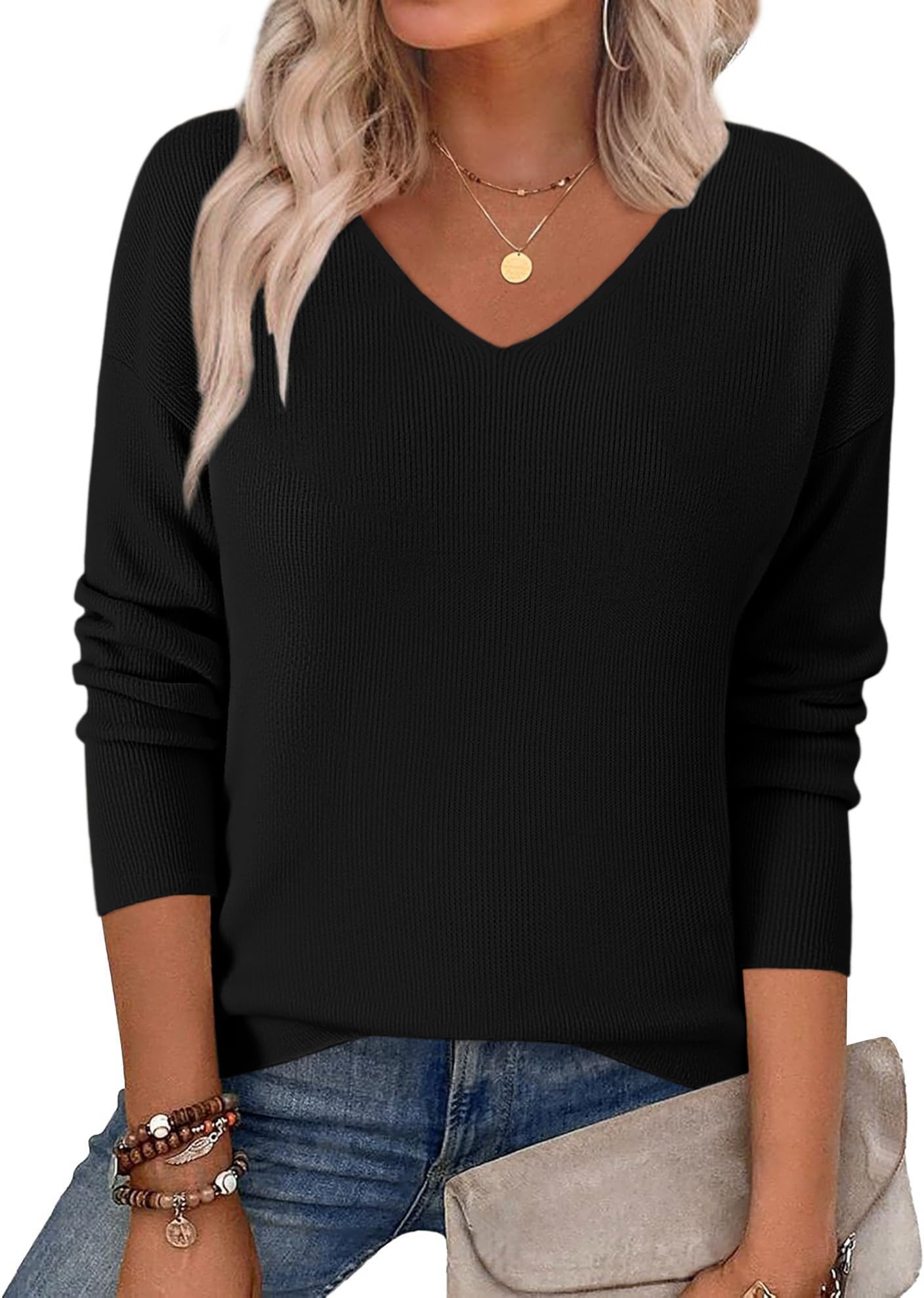 Women's 2026 Fall Sweaters Long Sleeve V Neck Knit Pullovers Business Casual Sweater Tops
