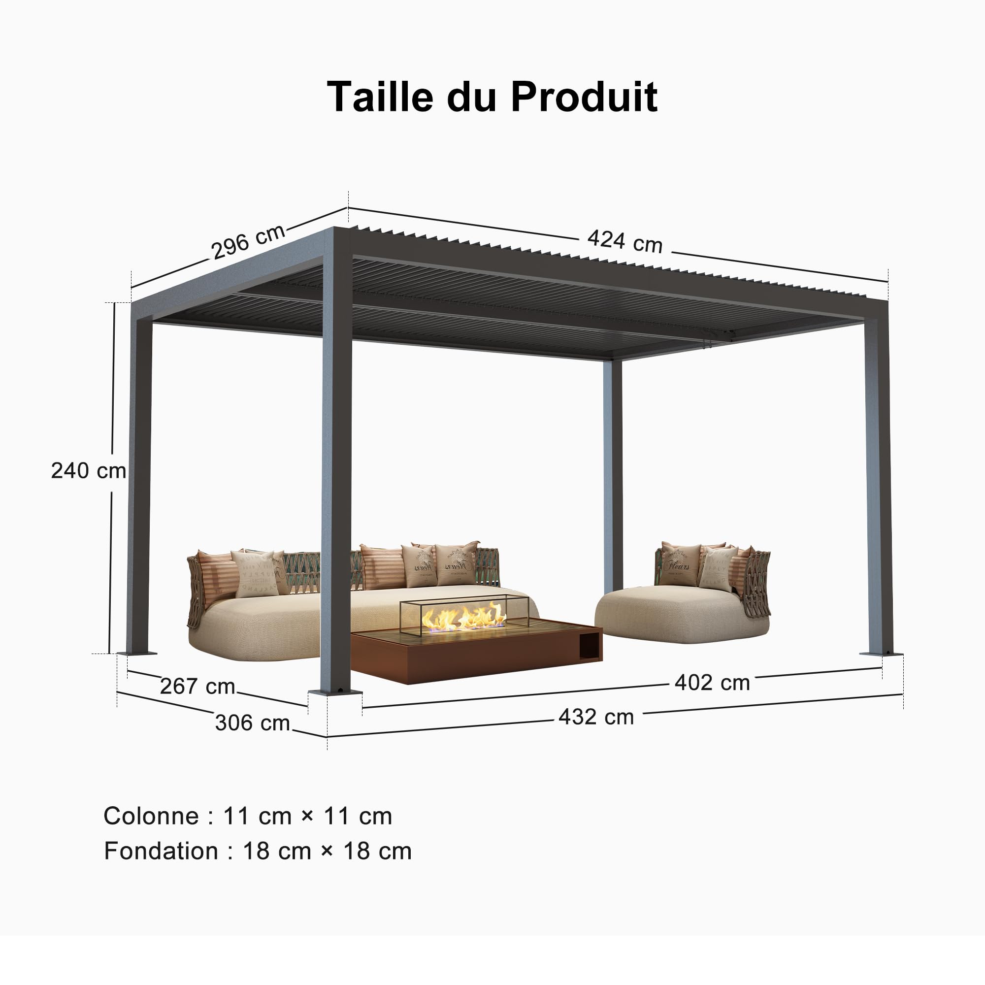 Pergola bioclimatique 4,24 x 3 m – Toit à persiennes réglable en aluminium de 12,72 m² – Auvent de jardin pour terrasse, terrasse et terrasse – Structure extérieure grise
