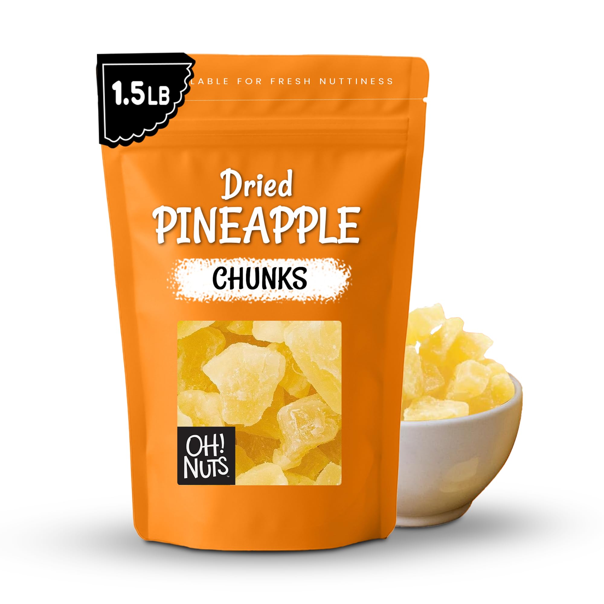 Oh! Nuts Dried Pineapple - 1.5 LB - Dried Fruit Chunks - Less Sugar Added - Dehydrated Fruit Bites - Packed in New York Zip-Seal Bag for Exceptional Freshness