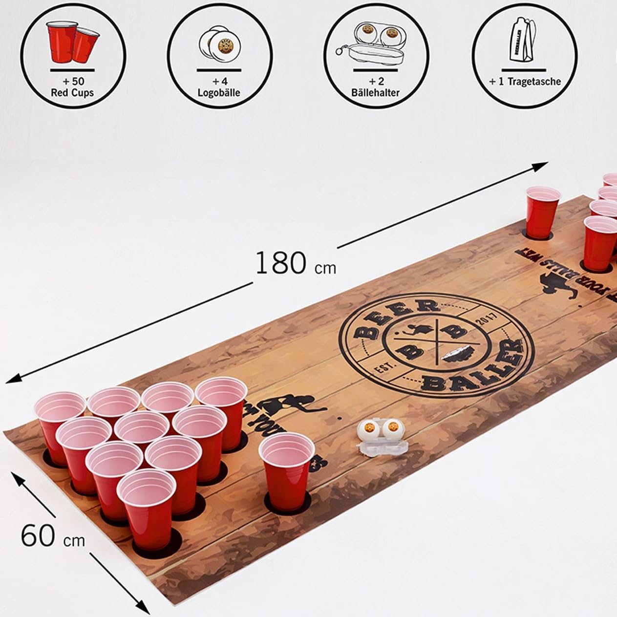 BeerBaller® Beer Pong Mat - Beer Pong Set incl. Beer Pong Mat, 50 Beer Pong Cups & 4 Beer Pong Balls, Brown, 180x60cm - Image 2