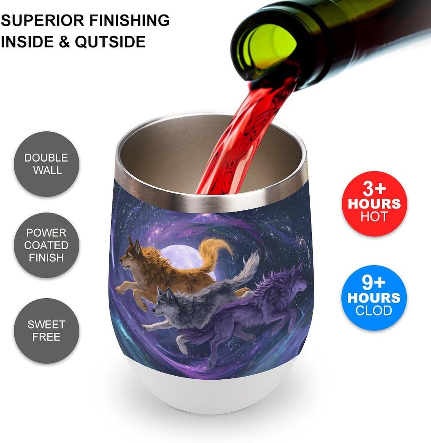 Wolf Galaxys Cosmic Insulated Drinking Cup Stainless Steel Coffee Mug Wine Tumbler with Lid 12OZ