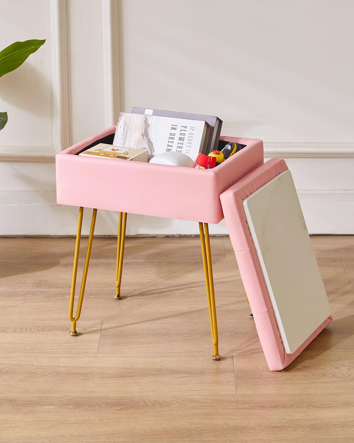 IBUYKE Multifunzionale Stoccaggio Vanity Sgabello con Flip Table, Gambe in Metallo Regolabili & Pelle PU - 40x30x48cm Poggiapiedi ottomano per Trucco, Soggiorno, Ingresso Rosa WBD014P