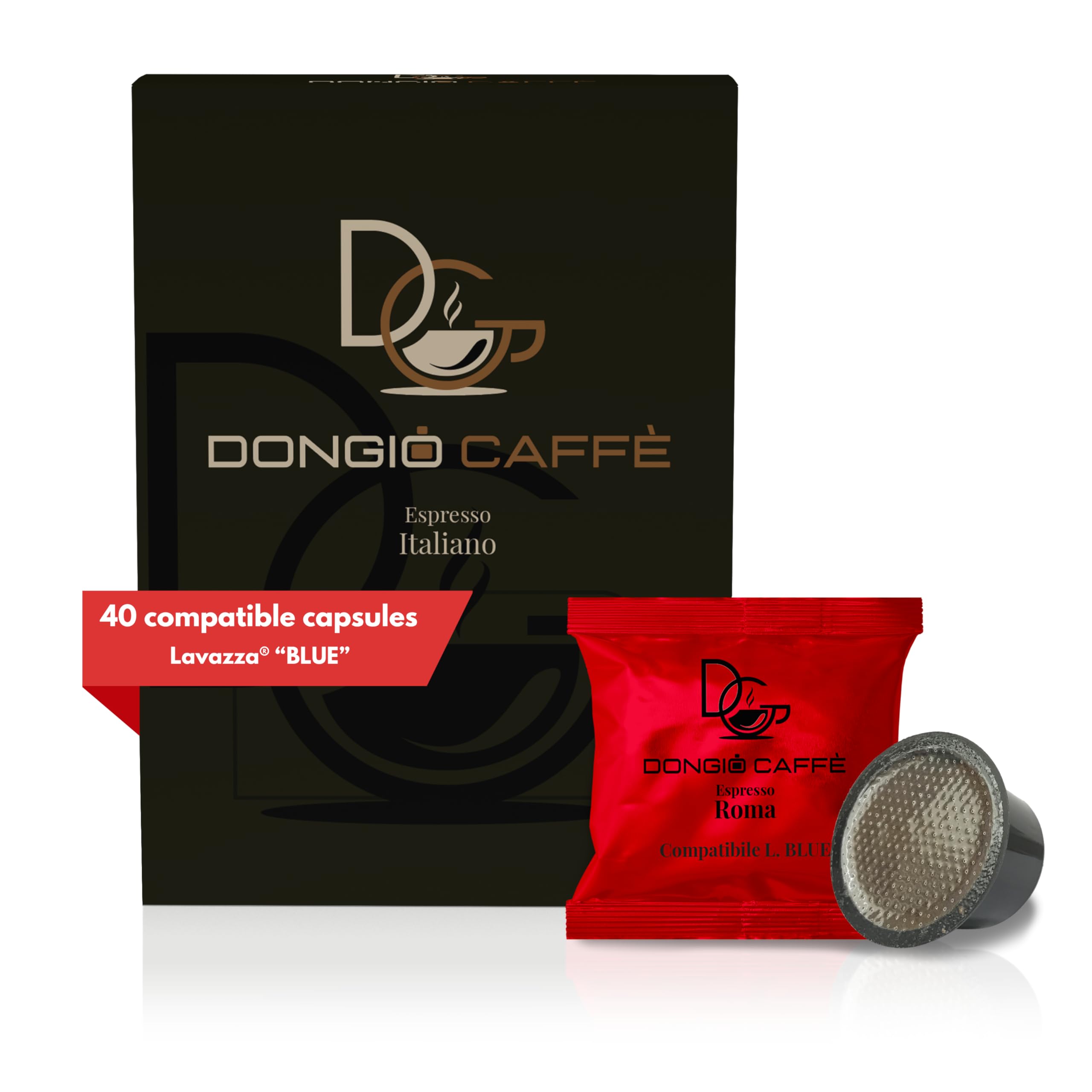 Dongiò Caffè Espresso Roma - 40 Capsules compatible with Lavazza Blue/Black systems, Med-Dark Roast Coffee (Intensity 7/10) - Roasted and Blended in Italy