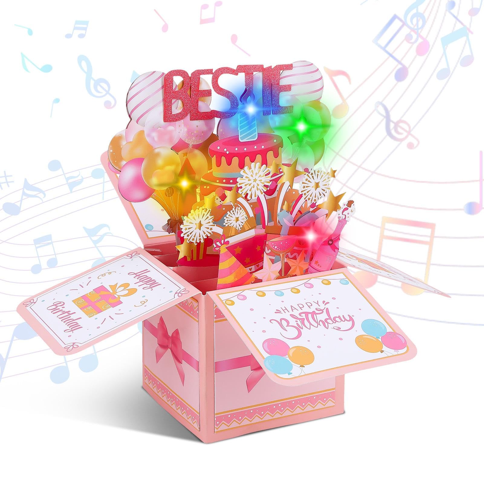 3D Bestie Birthday Card with Music and Blowable LED Lights Candle,Musical Pop up Greeting Cards Birthday Gift for Girls Women Party Decoration Keepsake