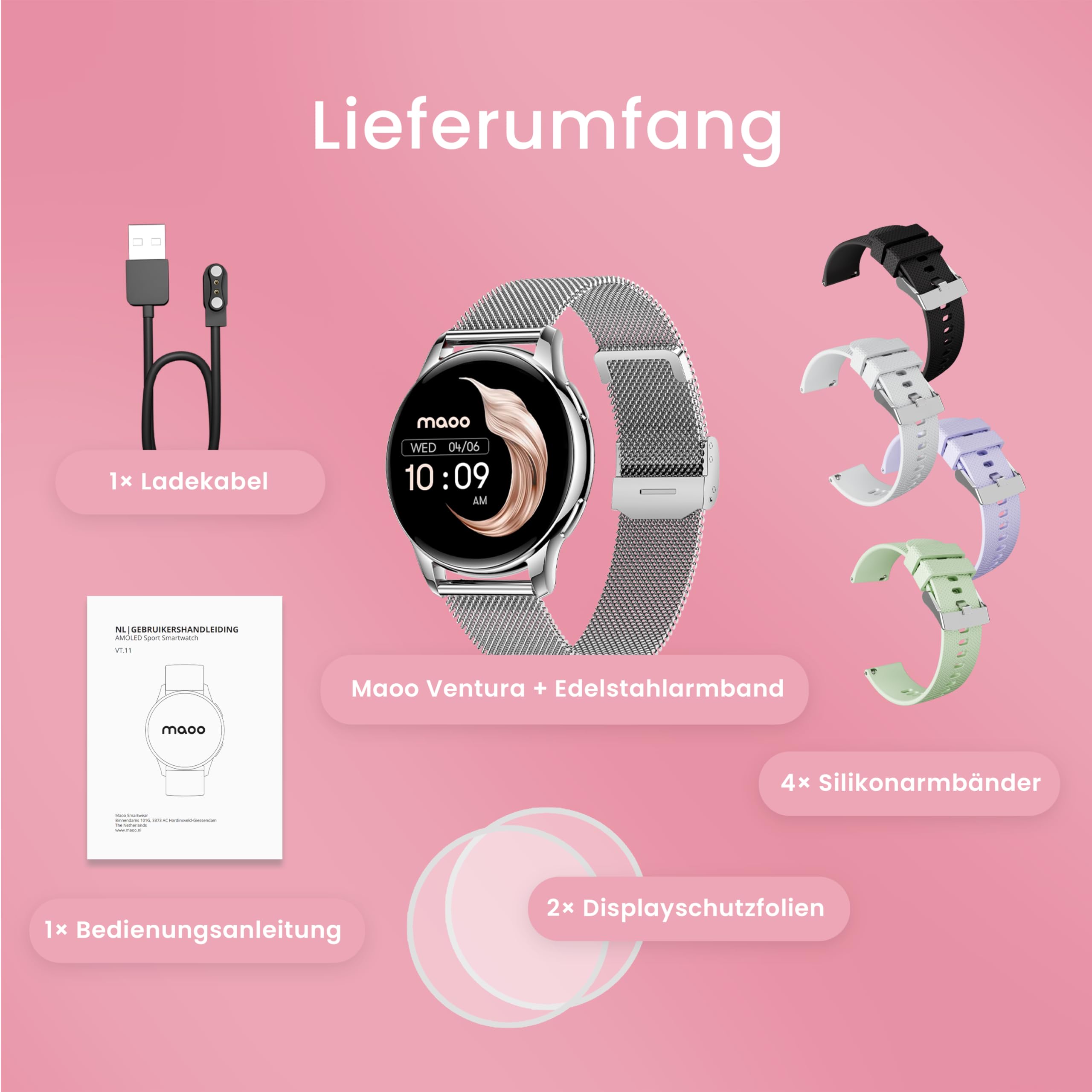Maoo Ventura Smartwatch Damen 1,32 Zoll AMOLED Display Herzfrequenzmesser SPO₂ Blutdruckmesser IP67 wasserdicht 5 Armbänder Silber