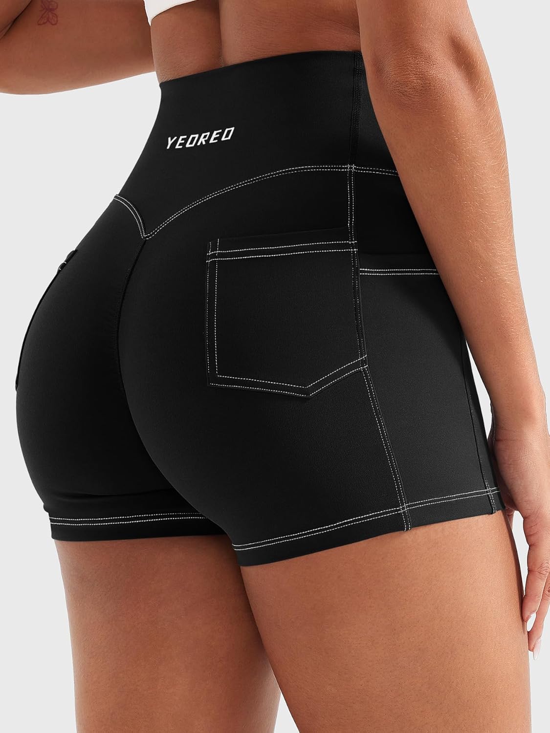 YEOREO CoreFlex Women Workout Shorts with Cargo Pockets Hidden Scrunch Butt Lifting Denim-Look Gym Shorts - Image 3