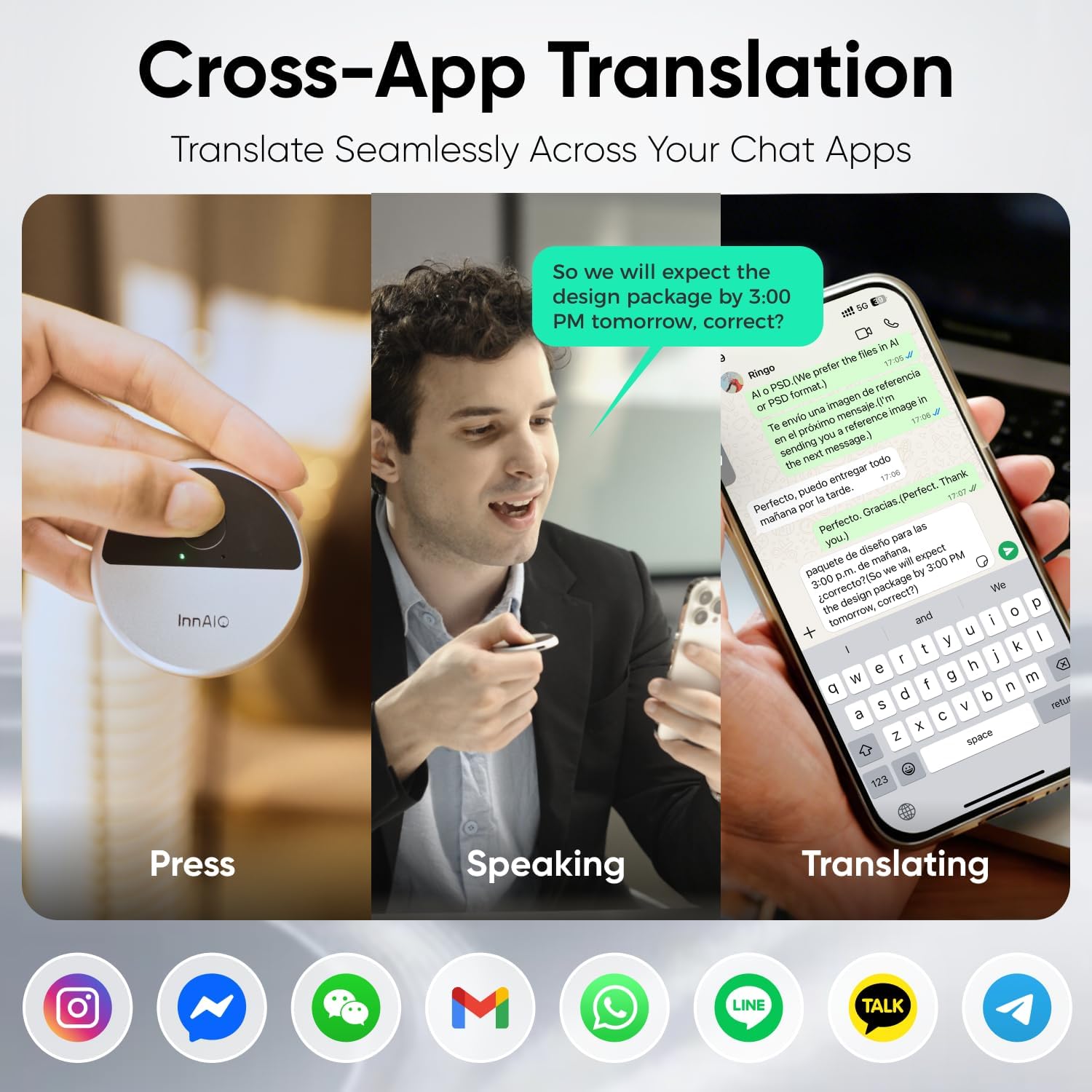 Smartphone showing cross-app translation in a chat application