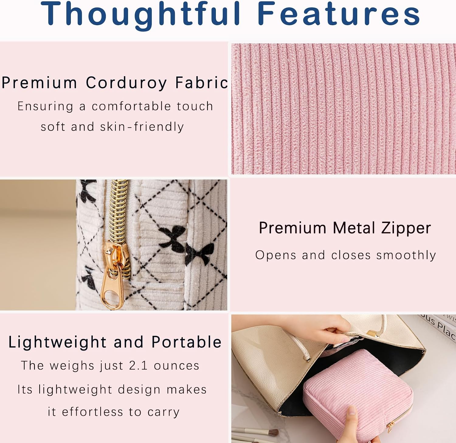 RSRSLEII Cute Mini Corduroy Zipper Makeup Bag for Purse, Small Coquette Aesthetic Pouch for Women Girls, Key Pocket Lipstick Bag Card Holder Data Cable Organizer with Slip-in Pocket(11Pink) image 4