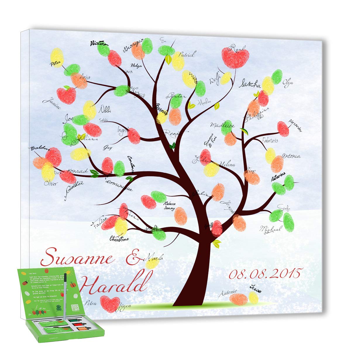 Hochzeitsbaum Fingerabdruck 60x60 mit NAMEN & DATUM - INKL Zubehör-Set (Stempelkissen+Stift+Anleitung+Hochzeitsbuch+...) GRATIS - Ehebaum Hintergrund - Hochzeitsbaum Fingerabdruck